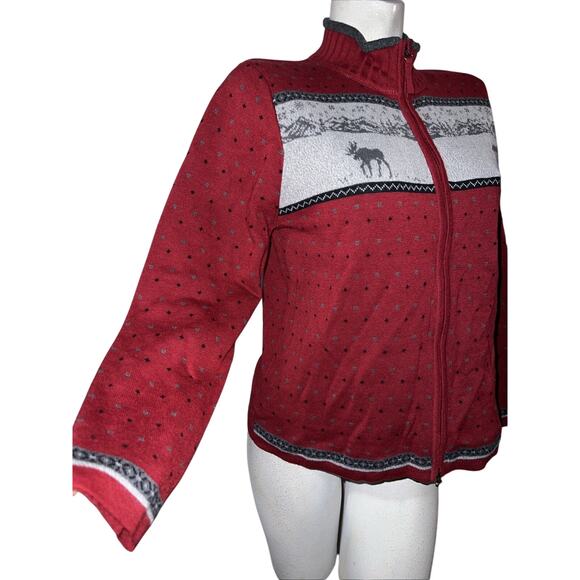Woolrich Sweater Womens Size L Red Cabin Forest Moose Winter Scene Zip Cardigan - Picture 3 of 11